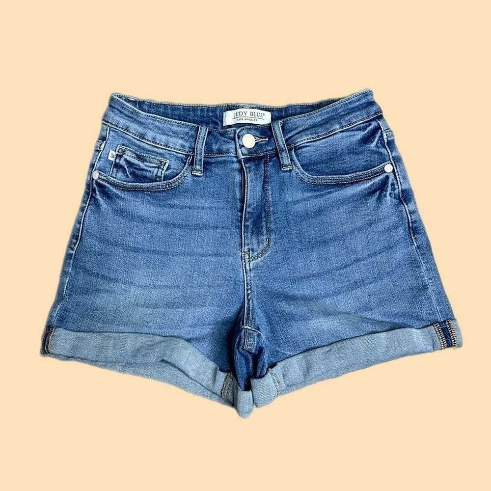 Judy Blue Wedgie High Rise Cuff Hem Denim Shorts in Blue Sz S